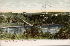 Wire Foot Bridge over River Souris MB Hanover ONT Cancel Postcard E79 *as is