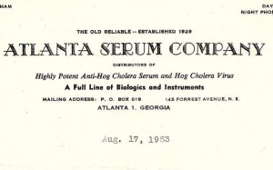 1953 Atlanta Serum Company Atlanta GA Hog Cholera Vaccine Letter 13-86