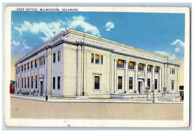 1941 Post Office Entrance Side View Stairs Flag Pole Wilmington DE Postcard