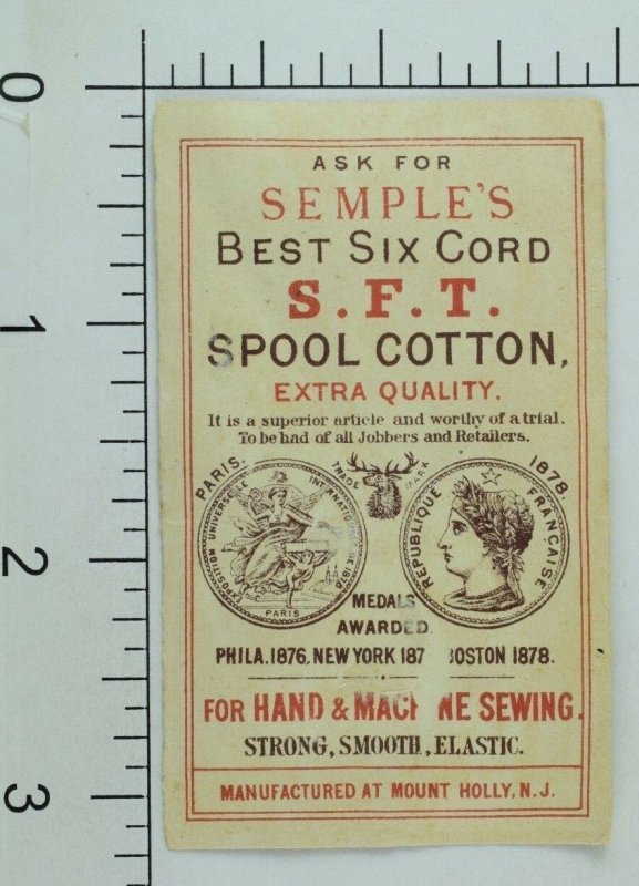 1879 Folder Calendar Semple's Six Cord Spool Cotton Factory Boat Man Lady P86 