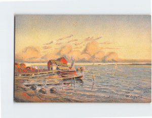 Postcard Pier Boats Seascape Scenery Painting