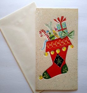 Christmas Greeting Card Glitter Stocking Retro Hudson Unused Mid Century Mod