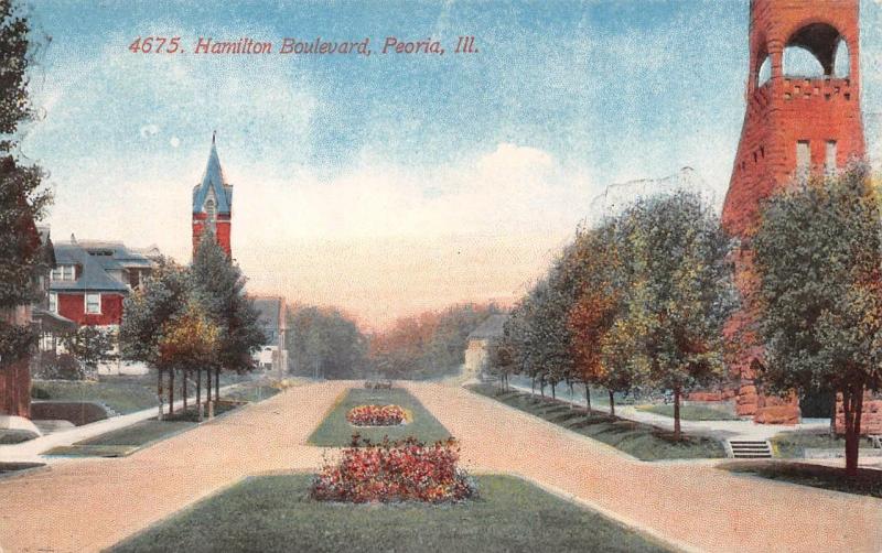 PEORIA, IL Illinois    HAMILTON BOULEVARD   Houses & Church   c1910's Postcard