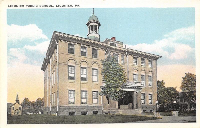 Ligonier Pennsylvania~Ligonier Public School~Church in Background~1920s Postcard