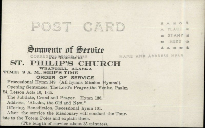 Wrangell AK St. Philip's Church Service Schedule on Back Real Photo Postcard