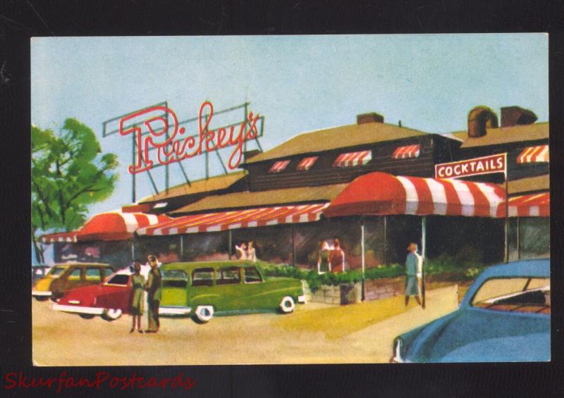 PALO ALTO CALIFORNIA RICKEY'S RESTAURANT OLD CARS VINTAGE ADVERTISING POSTCARD