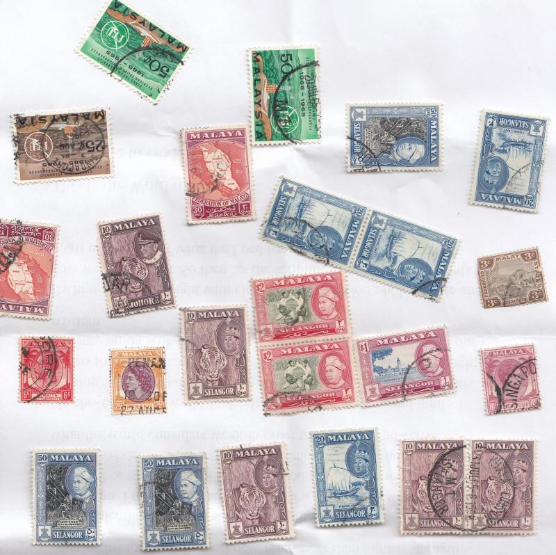 Malaya 24 Stamp Bundle From Military Collection Loose Mixed