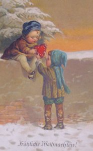 Wally Fialkowska Children Share Heart Cookie Antique Vintage Christmas Postcard