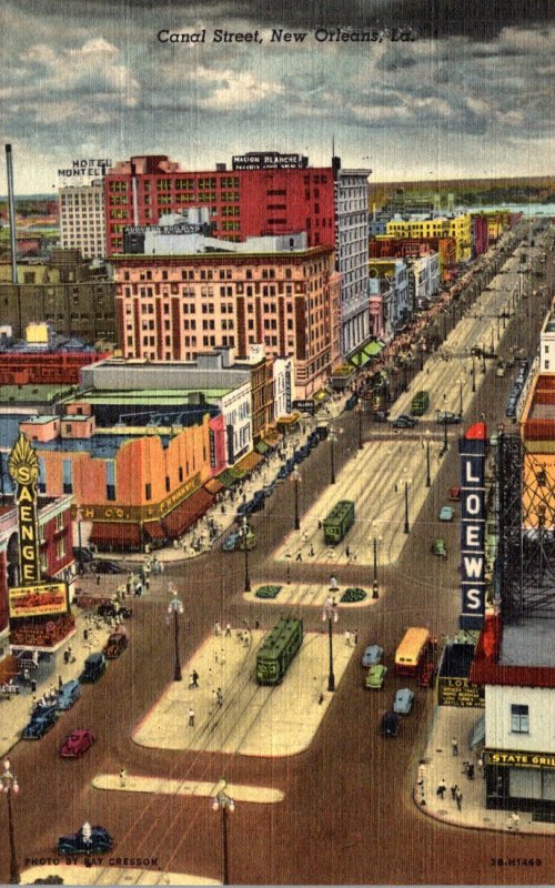 Louisiana New Orleans Trolleys On Canal Street At Night Curteich