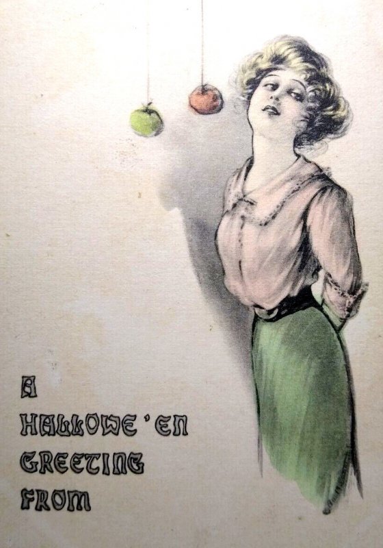 Halloween Postcard May L. Farini Hand Colored Tinted Women Apples Hanging 1912 