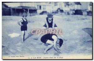 Old Postcard Folklore Swimsuit Bath Woman At Sea Happy frolicking on the beach