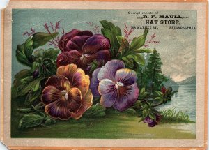 c1880 R F MAULL HAT STORE PHILADELPHIA PA FLORAL EMBOSSED TRADE CARD 40-153