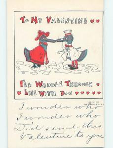 Pre-1907 valentine HUMANIZED DUCK BIRDS WEARING CLOTHING AND HATS HJ2194