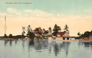 LEEDS, Canada  ZAVIKON ISLAND~ST LAWRENCE RIVER Home~Tower~Flag c1910's Postcard