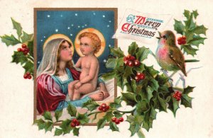 Vintage Postcard Merry Christmas Mary & Baby Jesus Bird Leaf Yuletide Greetings