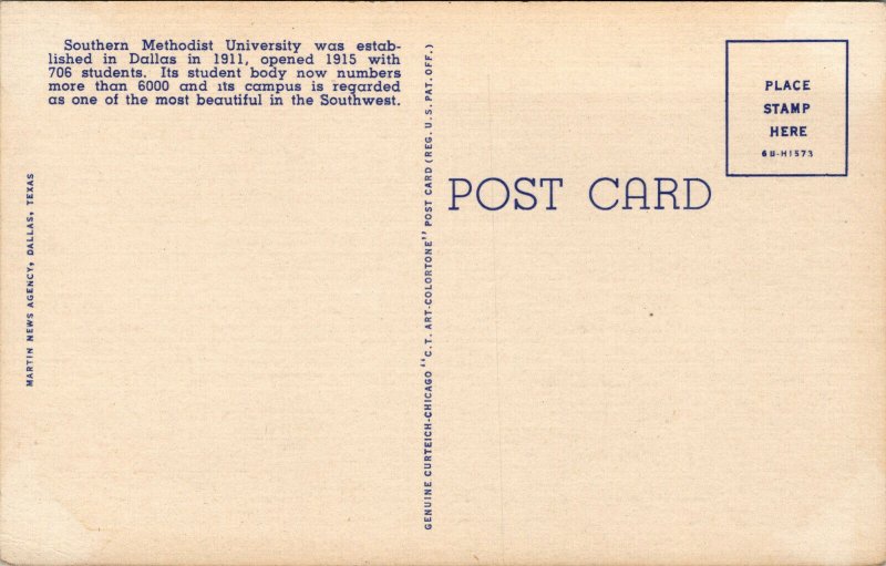 Vtg 1940s Southern Methodist University Central Quadrangle Dallas TX Postcard