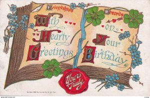 BIRTHDAY, PU-1912; Greetings, Open book with Clovers & Forget-Me-Nots