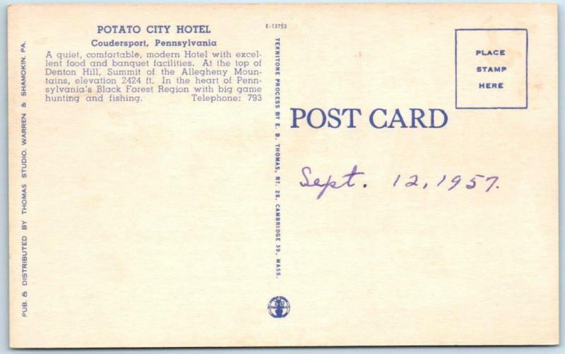 COUDERSPORT, Pennsylvania  PA   Roadside  POTATO CITY HOTEL  1957  Postcard