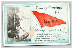 Vintage 1921 Pennant Postcard Friendly Greetings From Anna Ohio - Lake & Rowboat