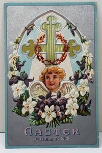 Easter Greeting Embossed Cherub Purple White Flowers Cross Toledo Postcard A15