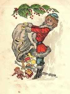 C.1910 Female Santa Toys Holly Sack Postcard F48