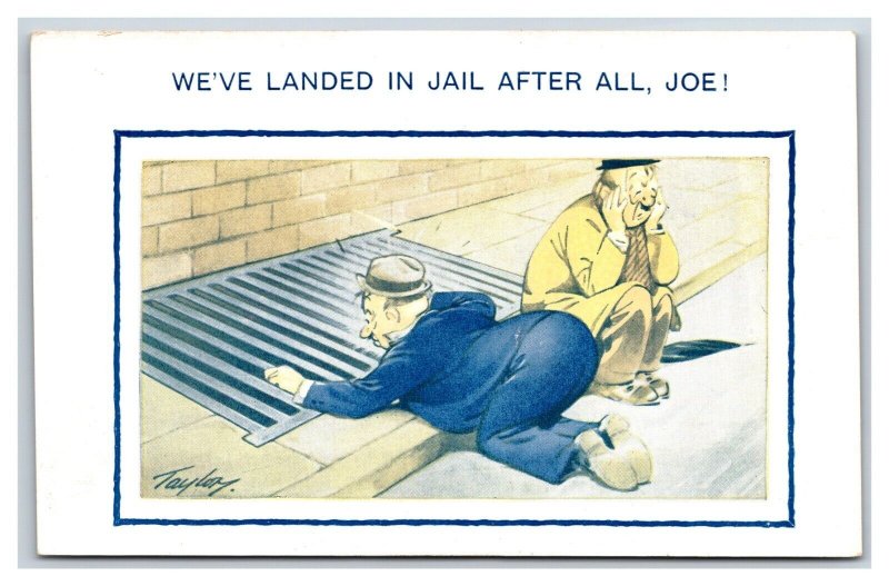 Bamforth Comic Drunk Man Thinks Sewer Grate is Jail Cell Bars UNP DB Postcard S2