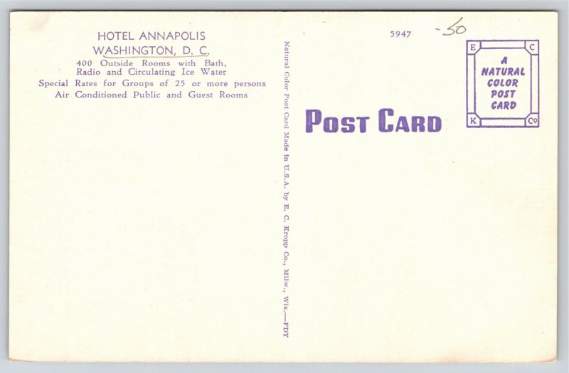Washington DC~Hotel Annapolis On Street Corner~Vintage Postcard