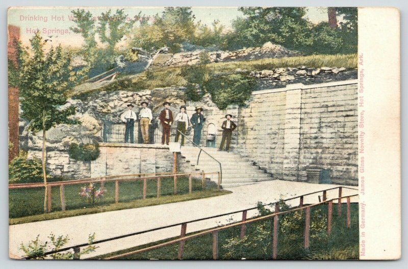 Hot Springs Arkansas~Half-Dozen Men in Line For Drink of Hot Water 1907 Postcard 