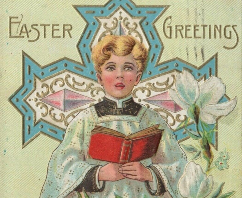1910 Easter Greetings choir boy song book cross gold embossed postcard