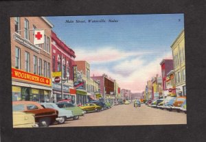 ME Main St Woolworth Co Store, Puritan Restaurant Waterville Maine Postcard