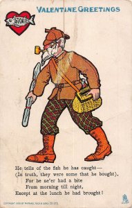 Valentine Greetings 1908 Old Fisherman Smokes Pipe Fish Heart postcard C355