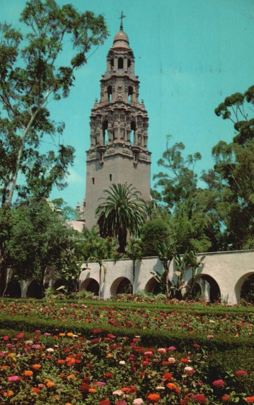 Vintage Postcard 1962 Tower Of California From Alcazar Gardens San Diego Calif.