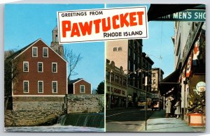 Banner Greeting~Pawtucket Rhode Island~Main Street~Old Slater Mill~Vtg Postcard