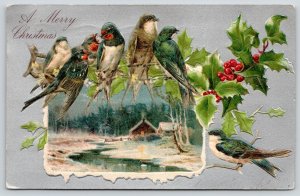 Christmas~Seven Birds on Holly Berry Branch~Cottage Stream Inset~Silver 1906