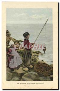 Postcard Old jeugdige Hengelaar Volendam Kids Fishing Folklore