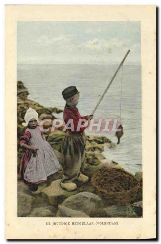 Postcard Old jeugdige Hengelaar Volendam Kids Fishing Folklore