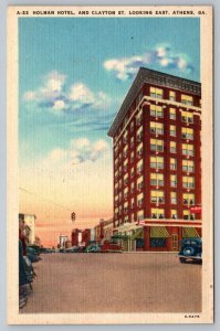 Postcard Holman Hotel And Clayton St Looking East Athens Georgia GA Linen