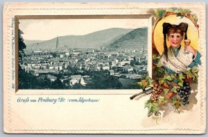 Gruss Aus Freiburg Germany c1905 Embossed Postcard Aerial View Girl With Beer