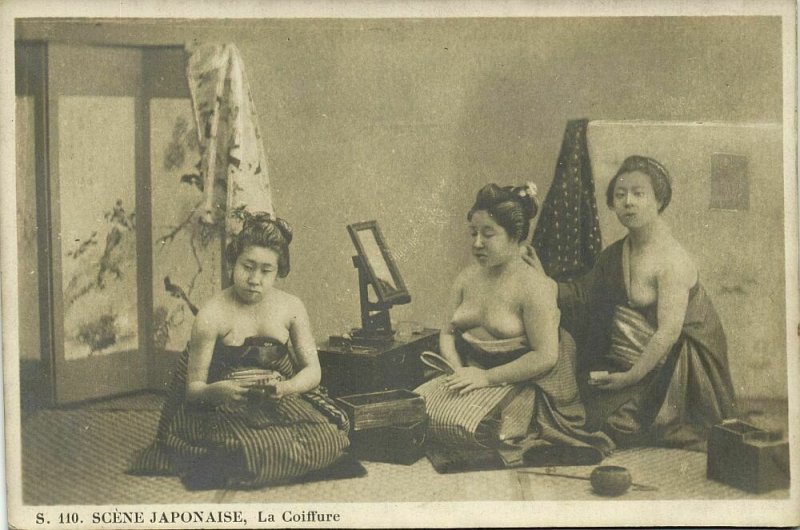 japan, Beautiful Nude Geisha Women Hairstyle (1910s) RPPC Postcard