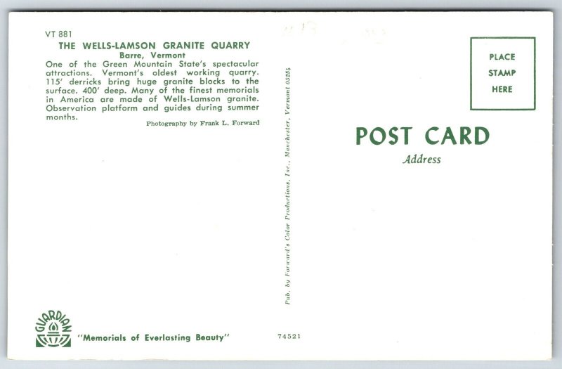 Mining~Barre Vermont~Air View Of The Wells-Lamson Granite Quarry~Vtg Postcard