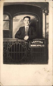 Minneapolis Minnesota MN Handsome Man Train Car Studio Props Real Photo Postcard