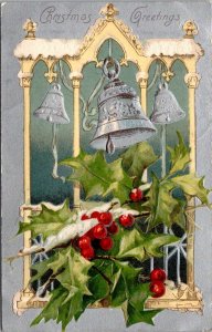 Christmas Greetings With Silver Bells and Holly 1906