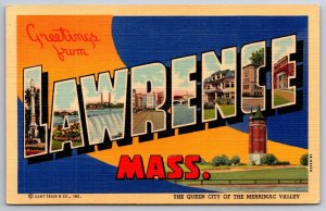 Greetings From Lawrence Massachusetts~Water Tower~Large Letter Vintage Linen PC