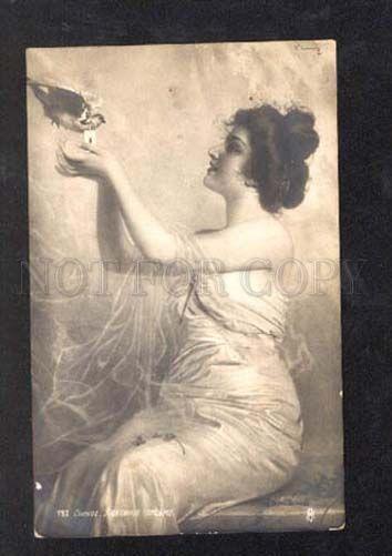 027457 Lady w/ PIGEON. Sign CORKOS. Vintage