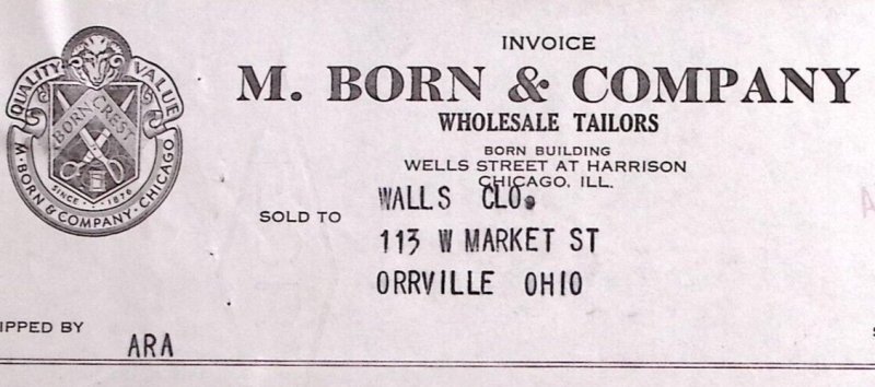 1938 M. BORN & COMPANY WHOLESALE TAILORS CHICAGO ORRVILLE BILLHEAD INVOICE Z276