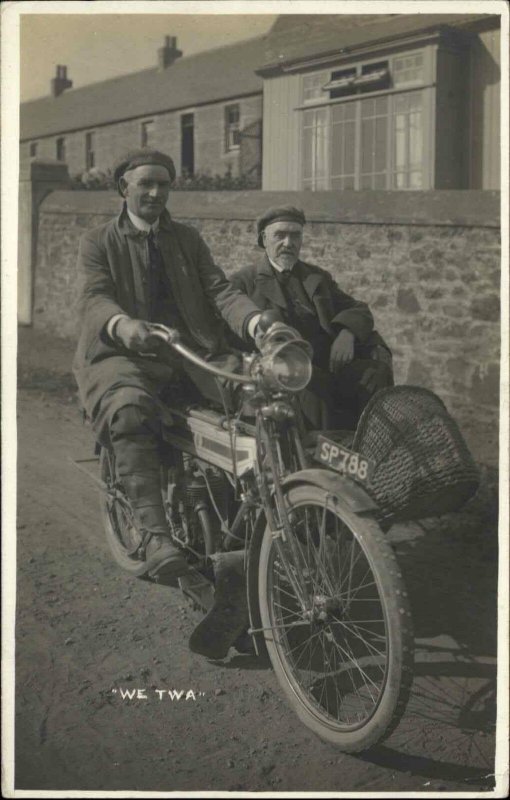 British Men on Motorcycle & Sidecar Crisp Image c1910 Real Photo Postcard