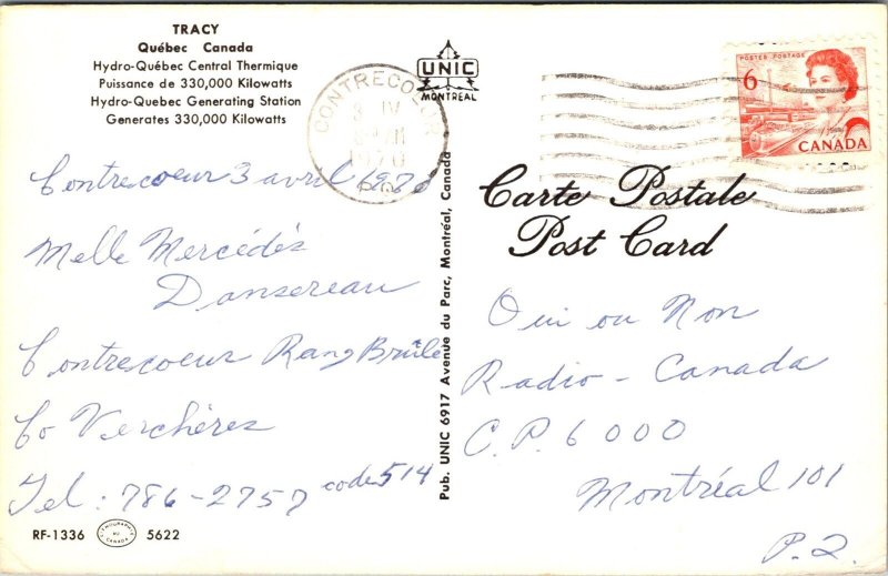 VINTAGE POSTCARD HYDRO-ELECTRIC GENERATING STATION AT TRACY QUEBEC CANADA
