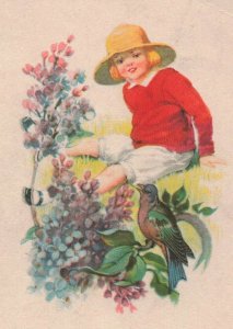 c.1907-15 Adorable Girl Red Sweater Birds Birthday Postcard 2T6-527