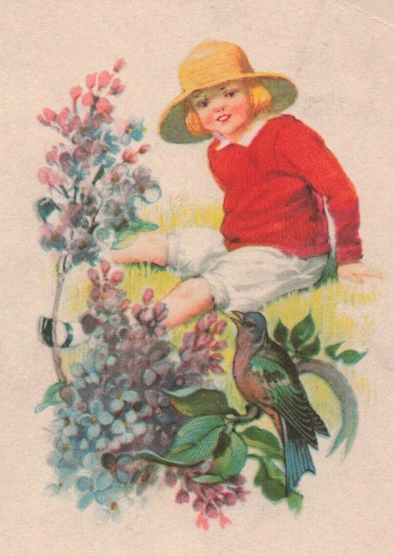 c.1907-15 Adorable Girl Red Sweater Birds Birthday Postcard 2T6-527