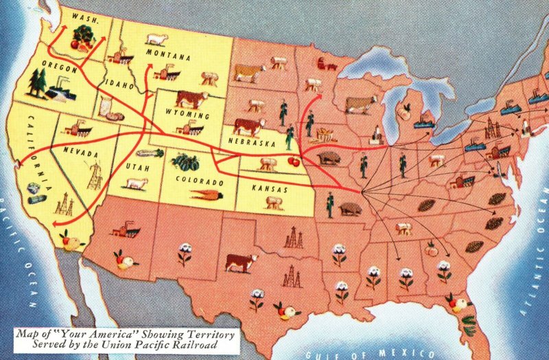 Vintage Postcard America Map Showing Territory Served Union Pac. Railroad 